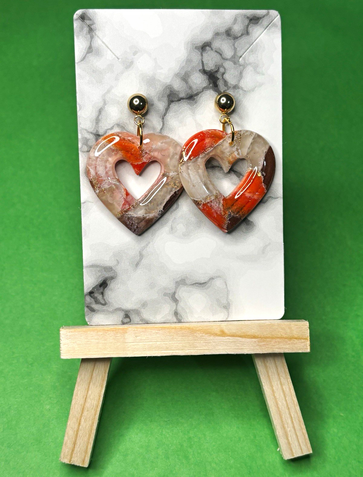 Handmade Heart Orange Brown With Gold Flakes Dangle Drop Earrings