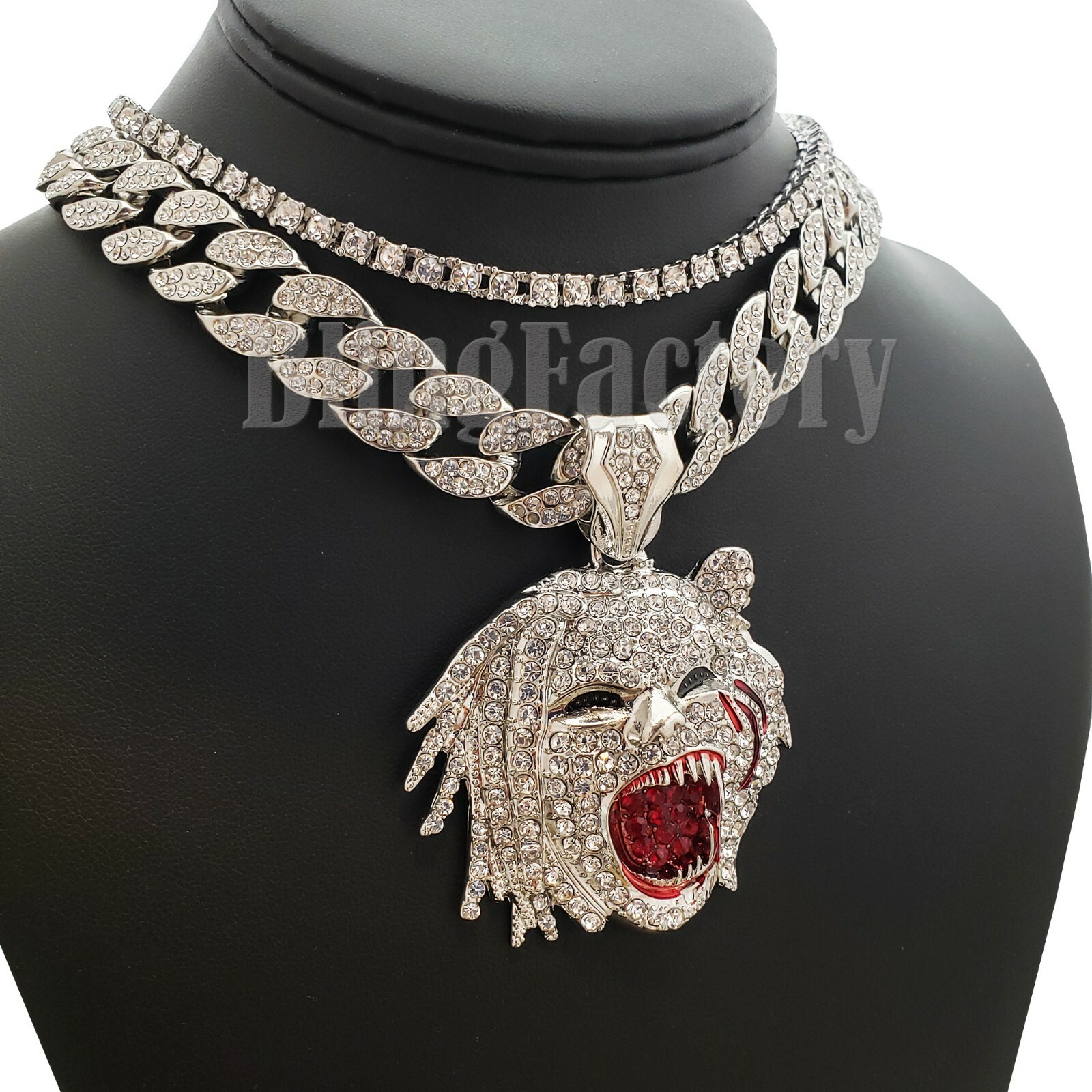 TEE GRIZZLEY HALF MAN HALF BEAST & 16″ Full Iced Cuban & Tennis Choker Chain Set