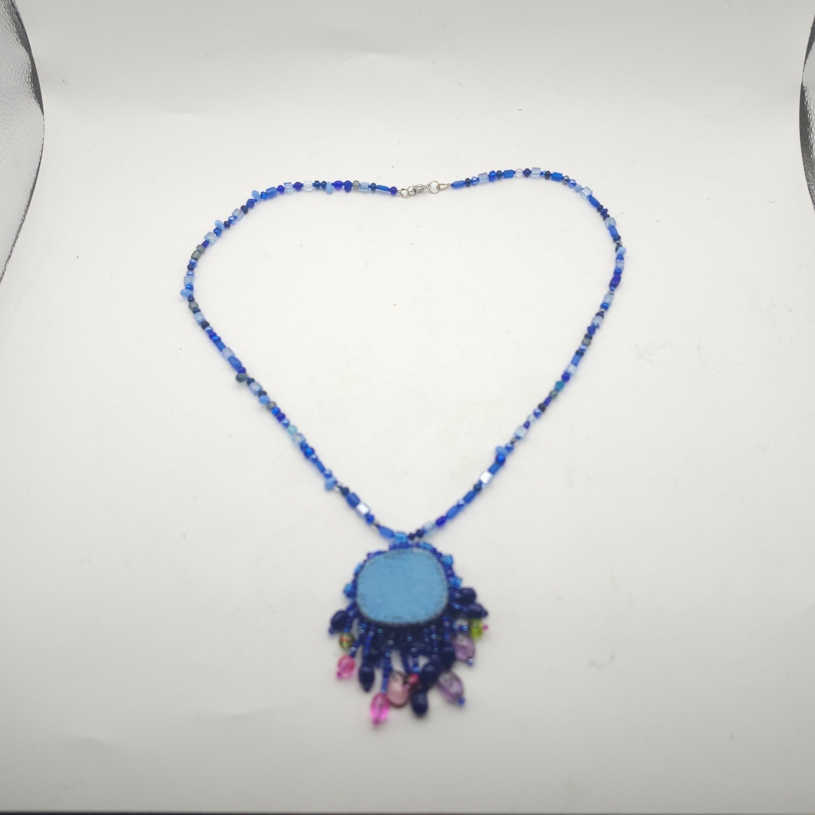 Blue Beaded Necklace Iridescent Fringe Pendant Boho Statement Wearable Art Piece