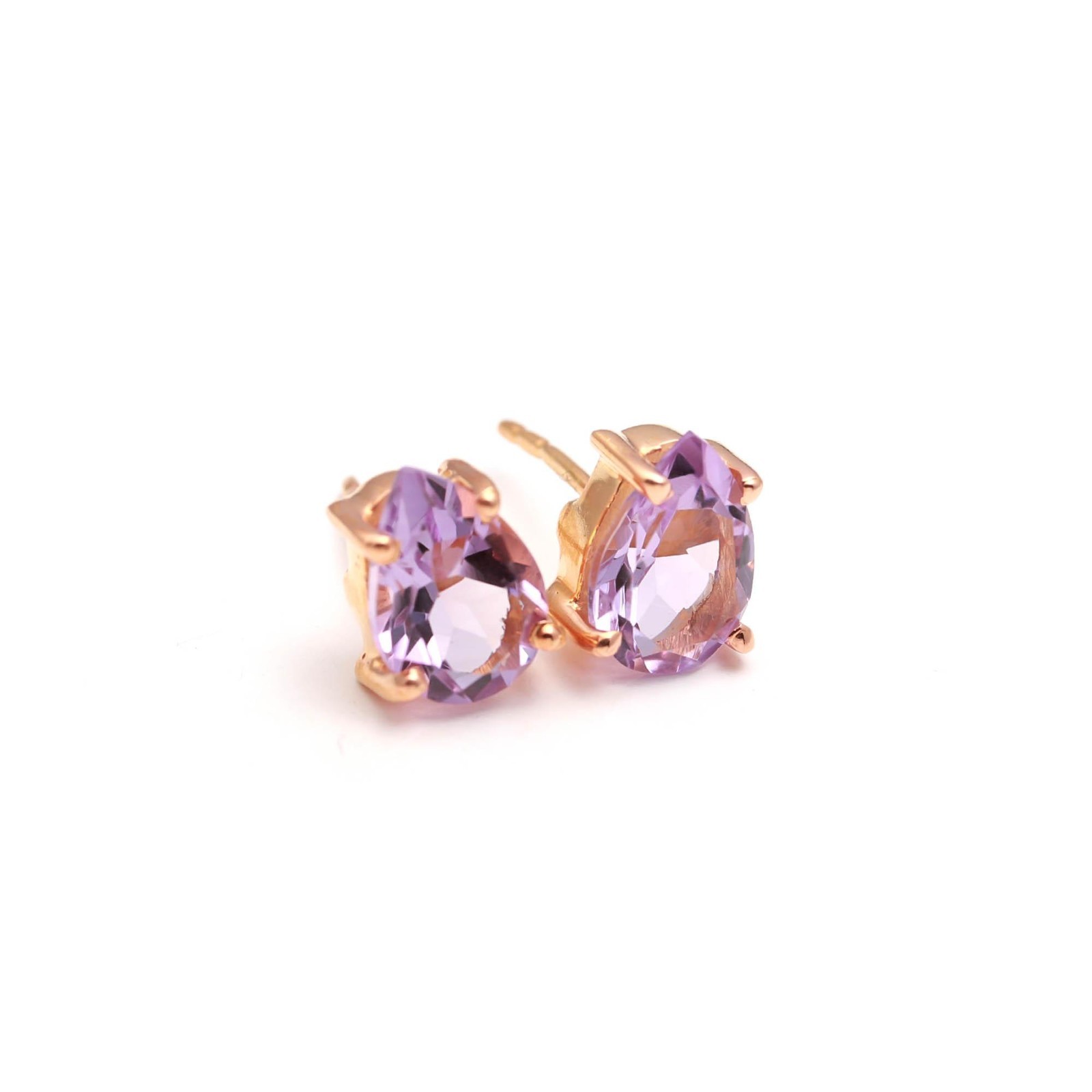 Natural Pink Amethyst Pear Stud Earrings Rose Gold Plated Solid Silver Jewelry