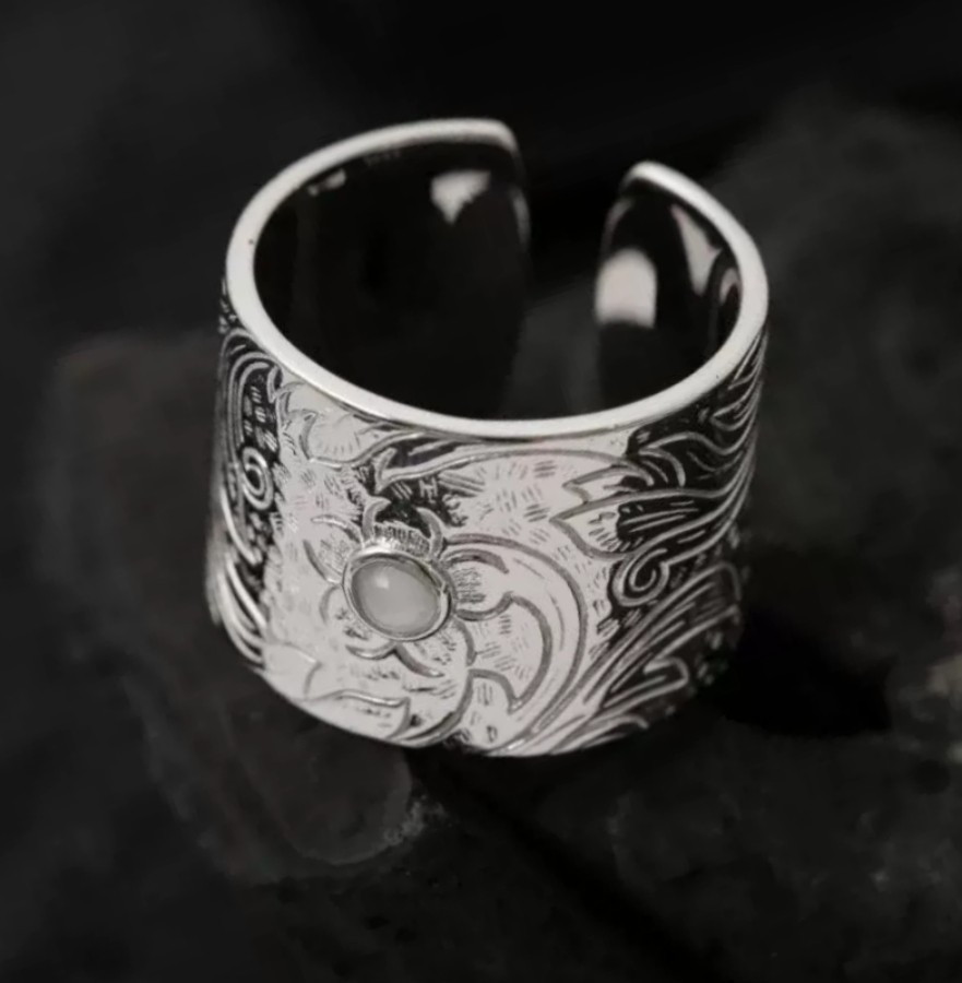 Silver Plated Engraved Floral Lab Opal Adjustable Open Cuff Wide Band Ring