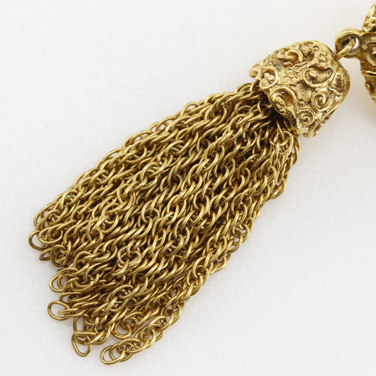 CHANEL COCO Mark Earring Fringe Tassel Chain vintage Plated Gold 50.6g Women