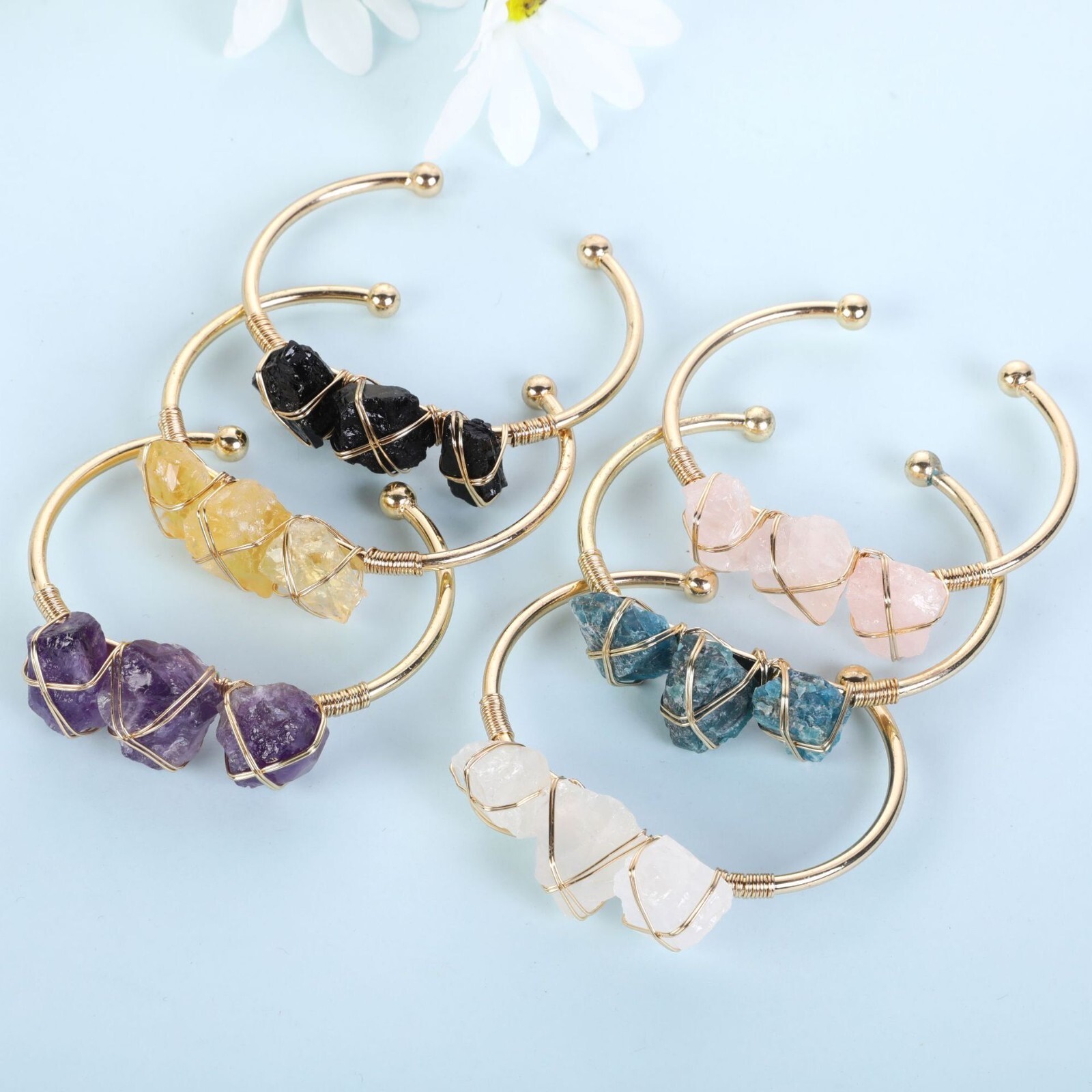 1pcs Raw Citrine Raw Stone Gold Wire Silk Wrapped Bracelet Jewelry Handicraft