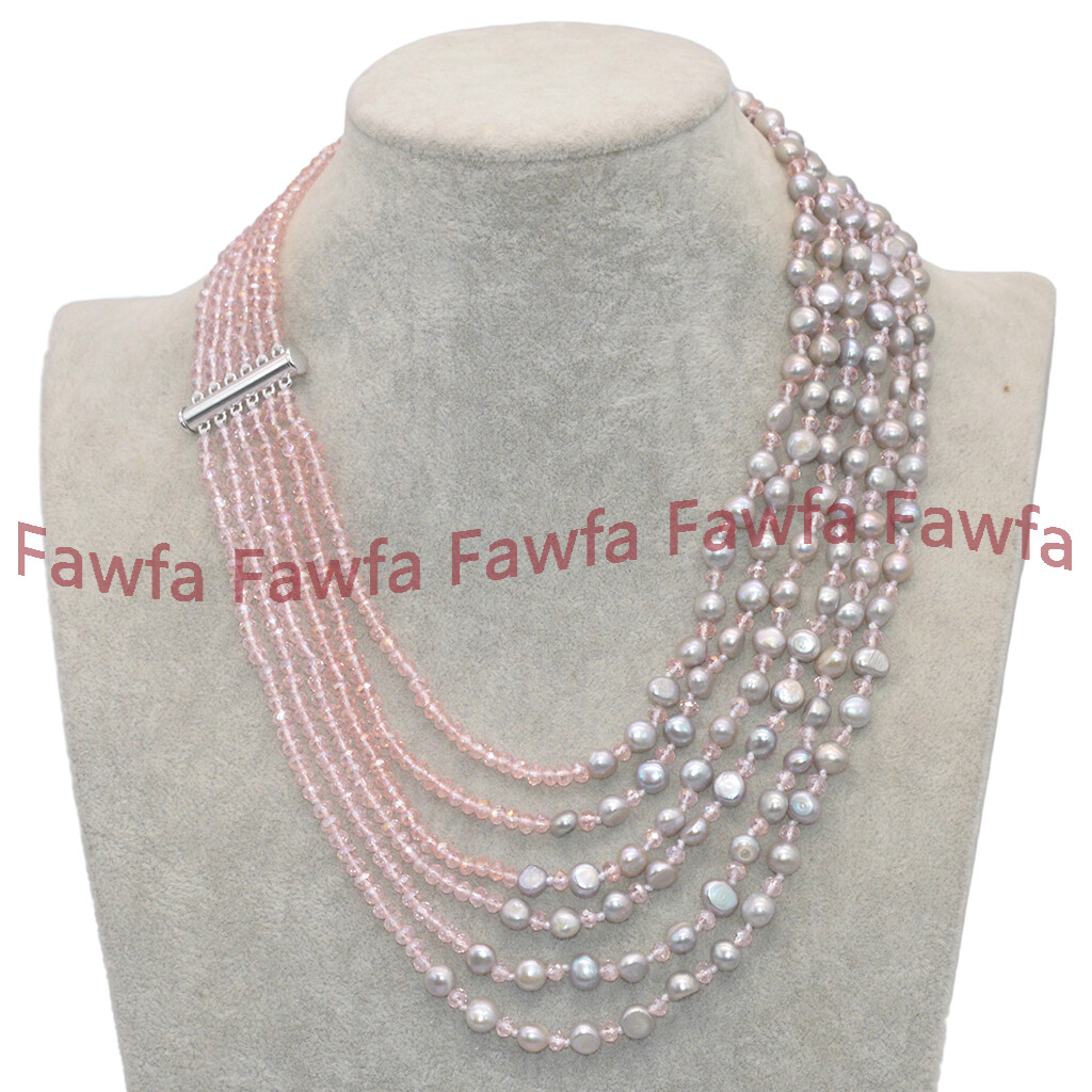 6 Rows 7-8mm Silver Baroque Pearl 3x4mm Faceted Pink Crystal Necklace 18-23”