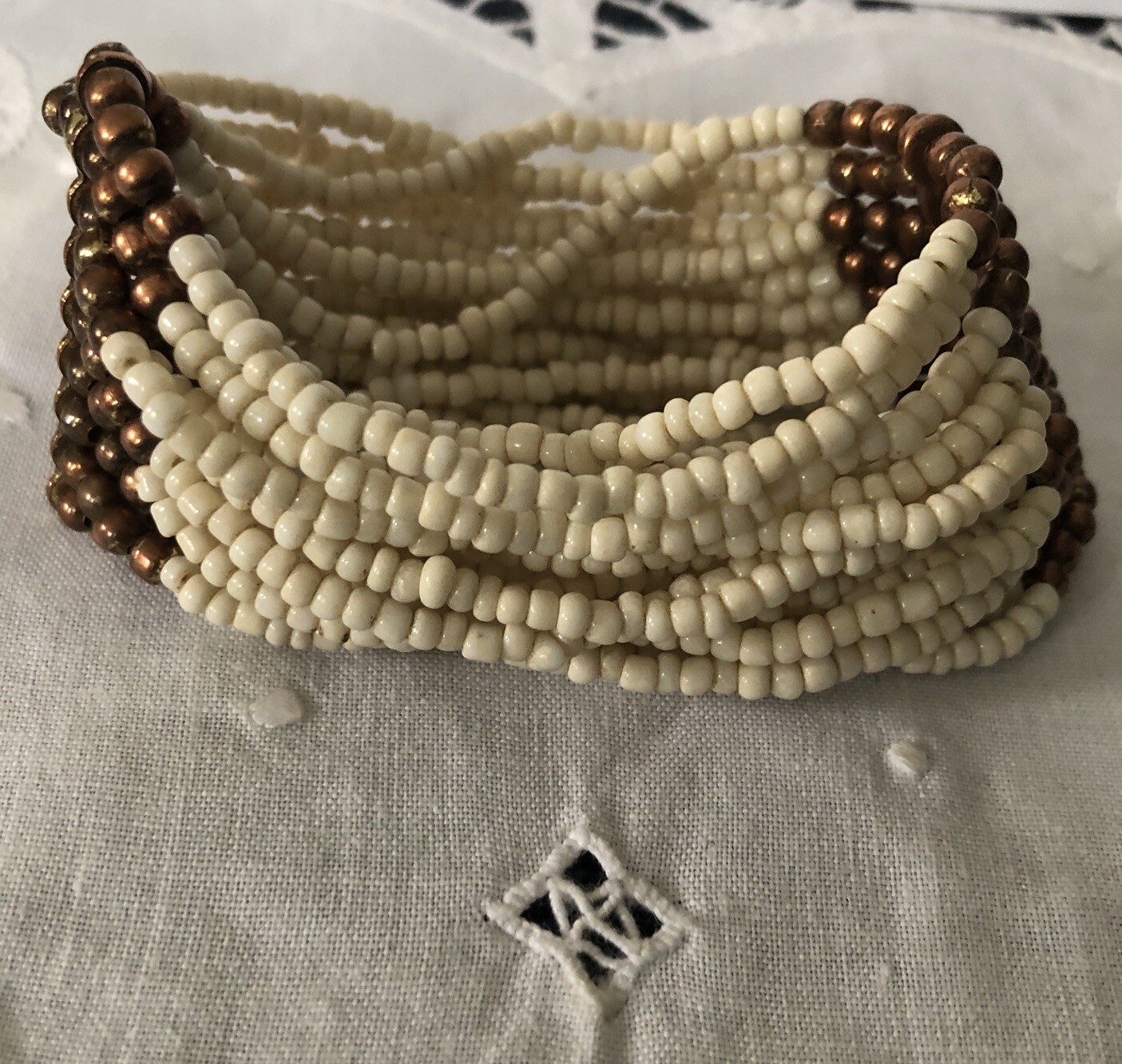 Micro Bead Multi Strand Bracelet Cream & Copper 1 1/2”W 8”Circumference Slip On