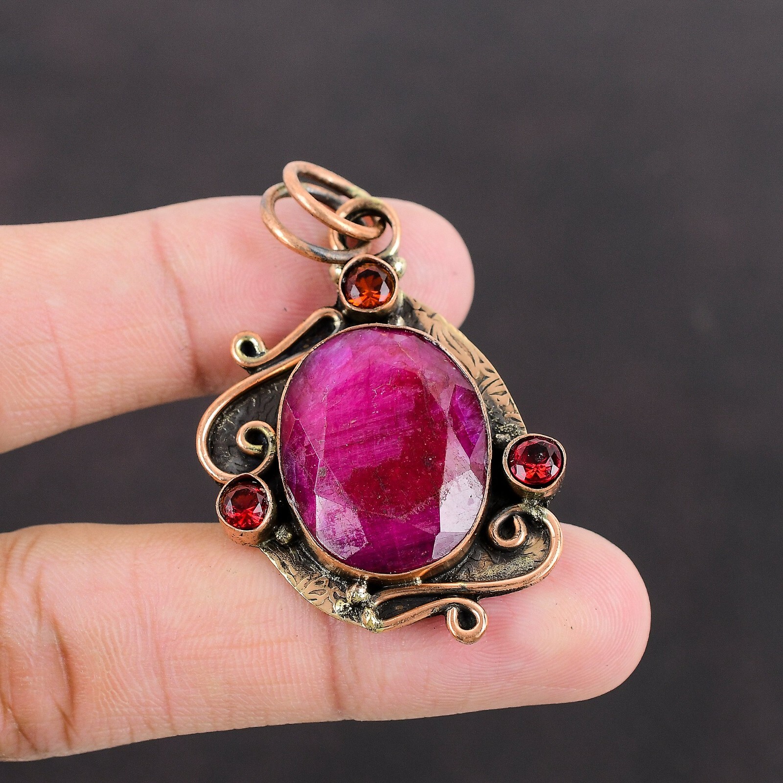 Valentines Deal Copper Oval Natural Kashmir Rubi Mozambique Garnet Boho Pendant
