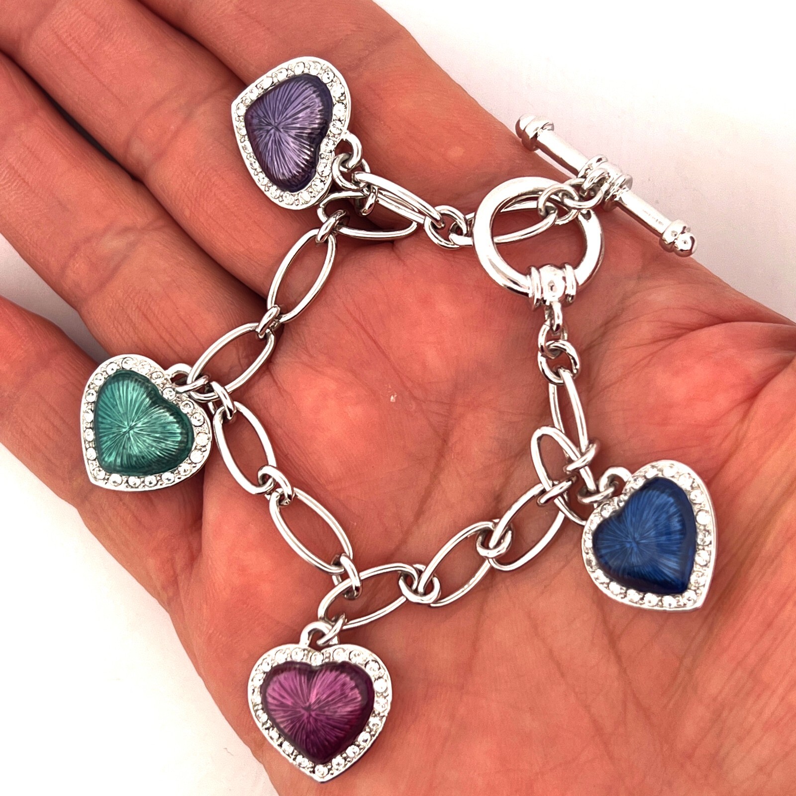 Rhodium Plated Multi-Coloured Heart Charm Bracelet Set With Enamel And Crystals