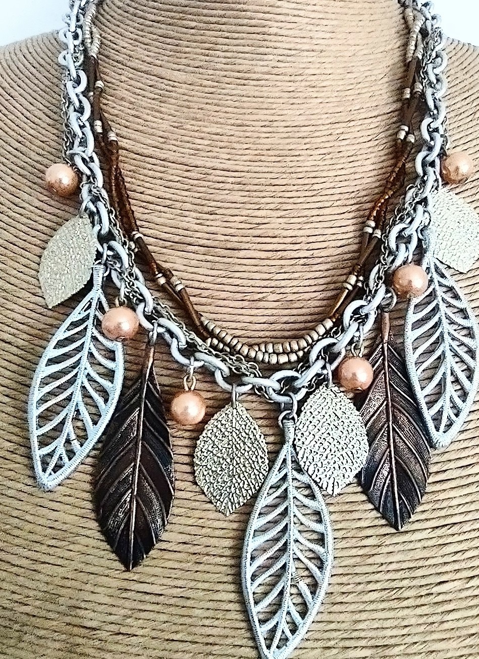 Mixed Metals -Silver, Gold, & Copper Tone – Beaded Layered Leaf Necklace