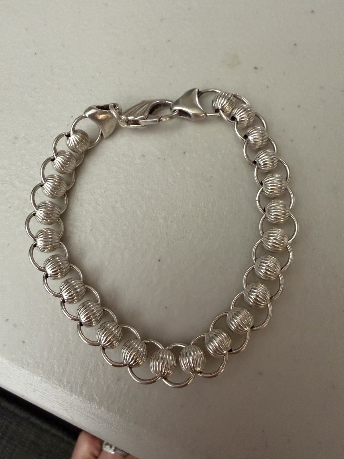 Sterling Silver 925 Ridged Ball Bead Link Bracelet 6.5 Inches Lobster Claw