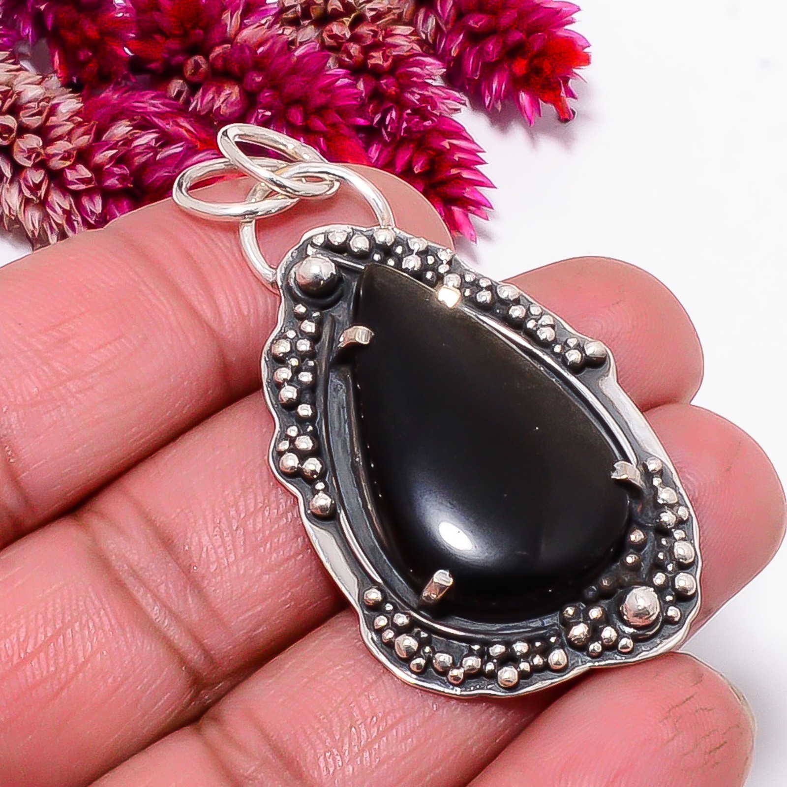 Golden Sheen Obsidian Oxidised 925 Sterling Silver Pendant 1.95″ Sk48, Christmas