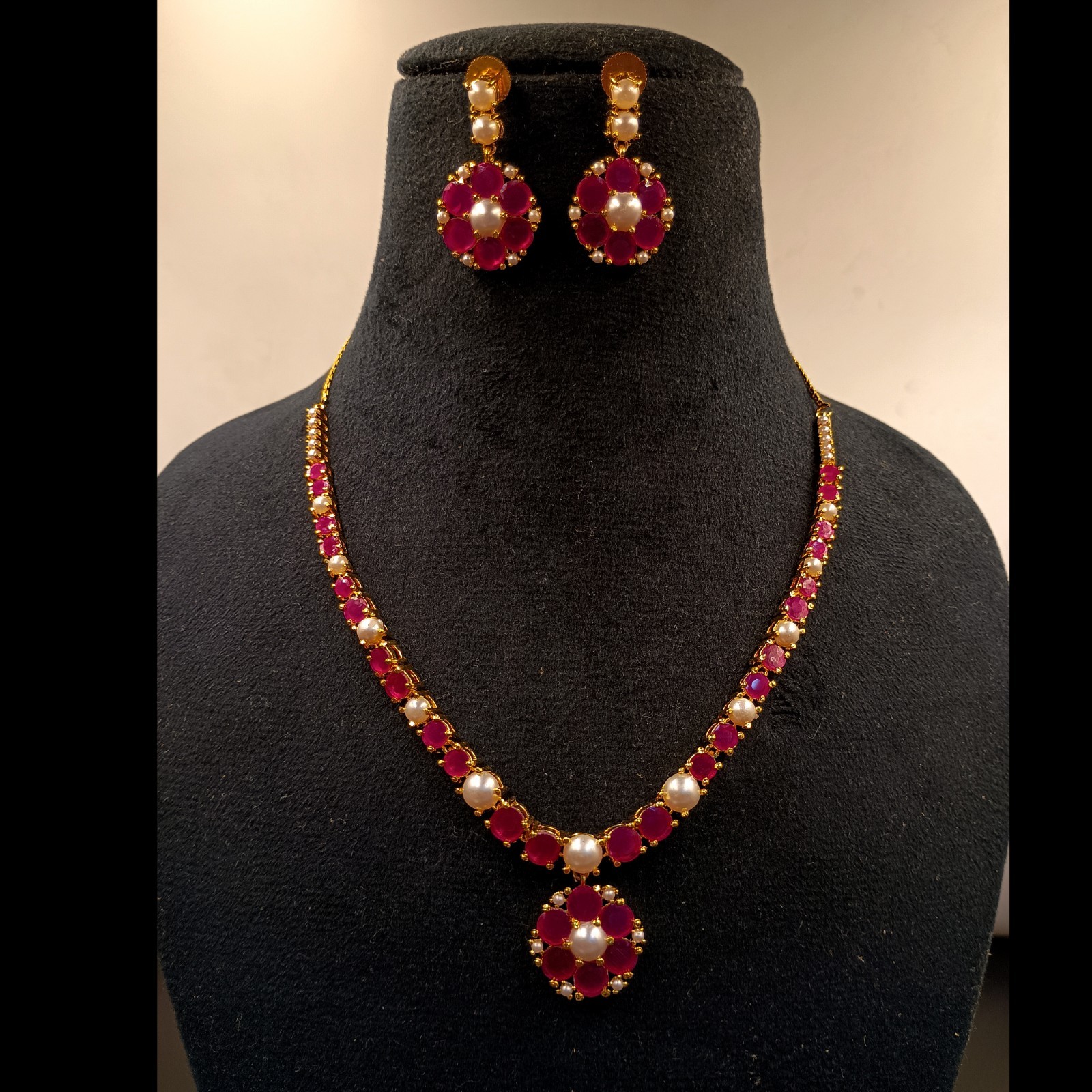 22k Gold Plated Ruby Pearl Choker Necklace Set Boho Handmade Artisan Gift For He
