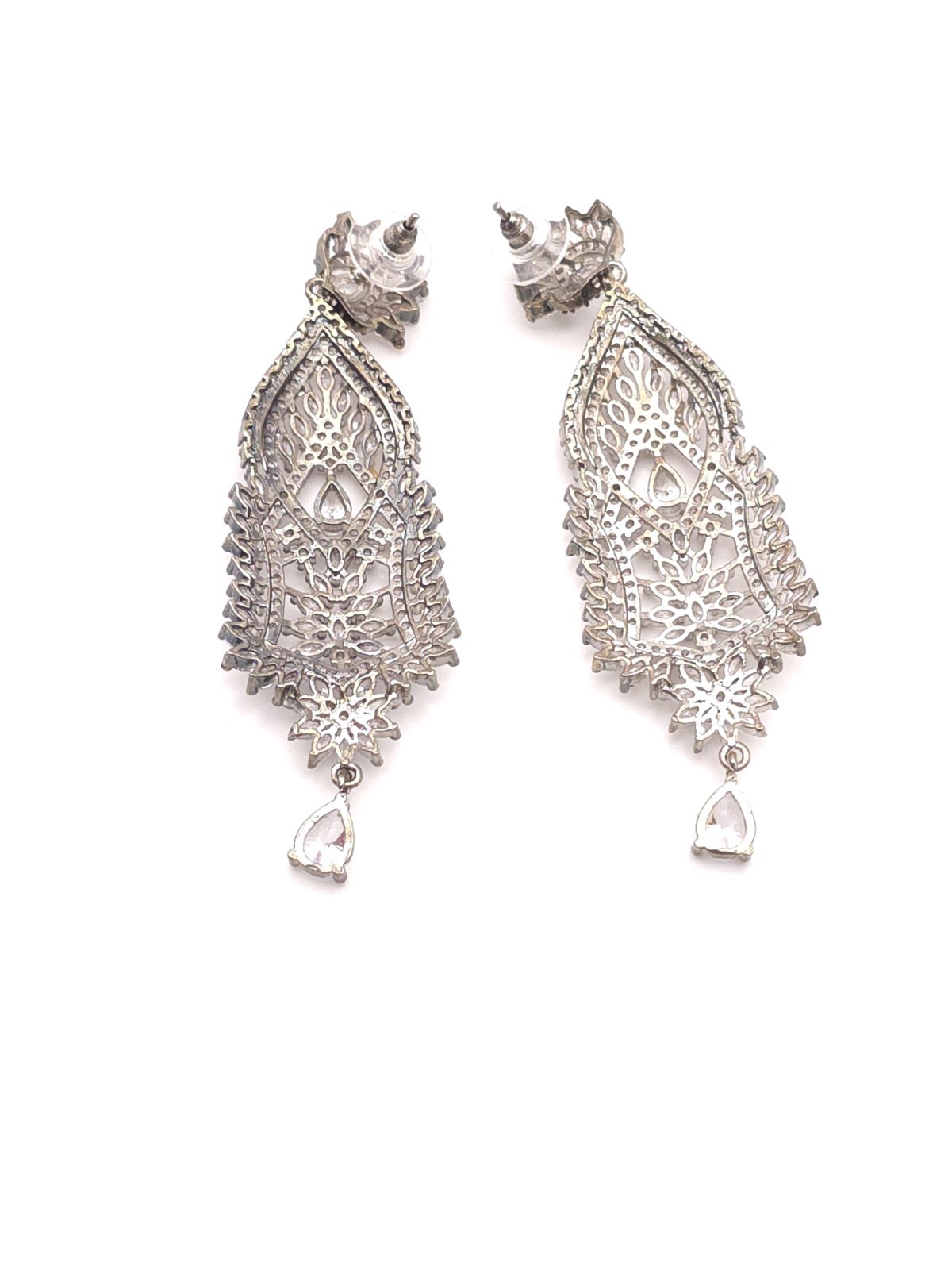 Vintage Silver Tone Clear Crystal Rhinestone Teardrop Chandelier Dangle Earrings