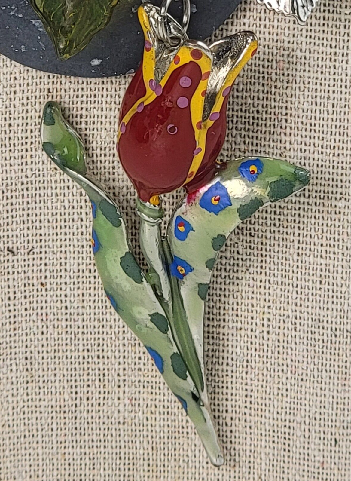 Multicolor Flowers Dangle Charm Necklace 21″ Silver-Tone Mixed-Materials Enamel