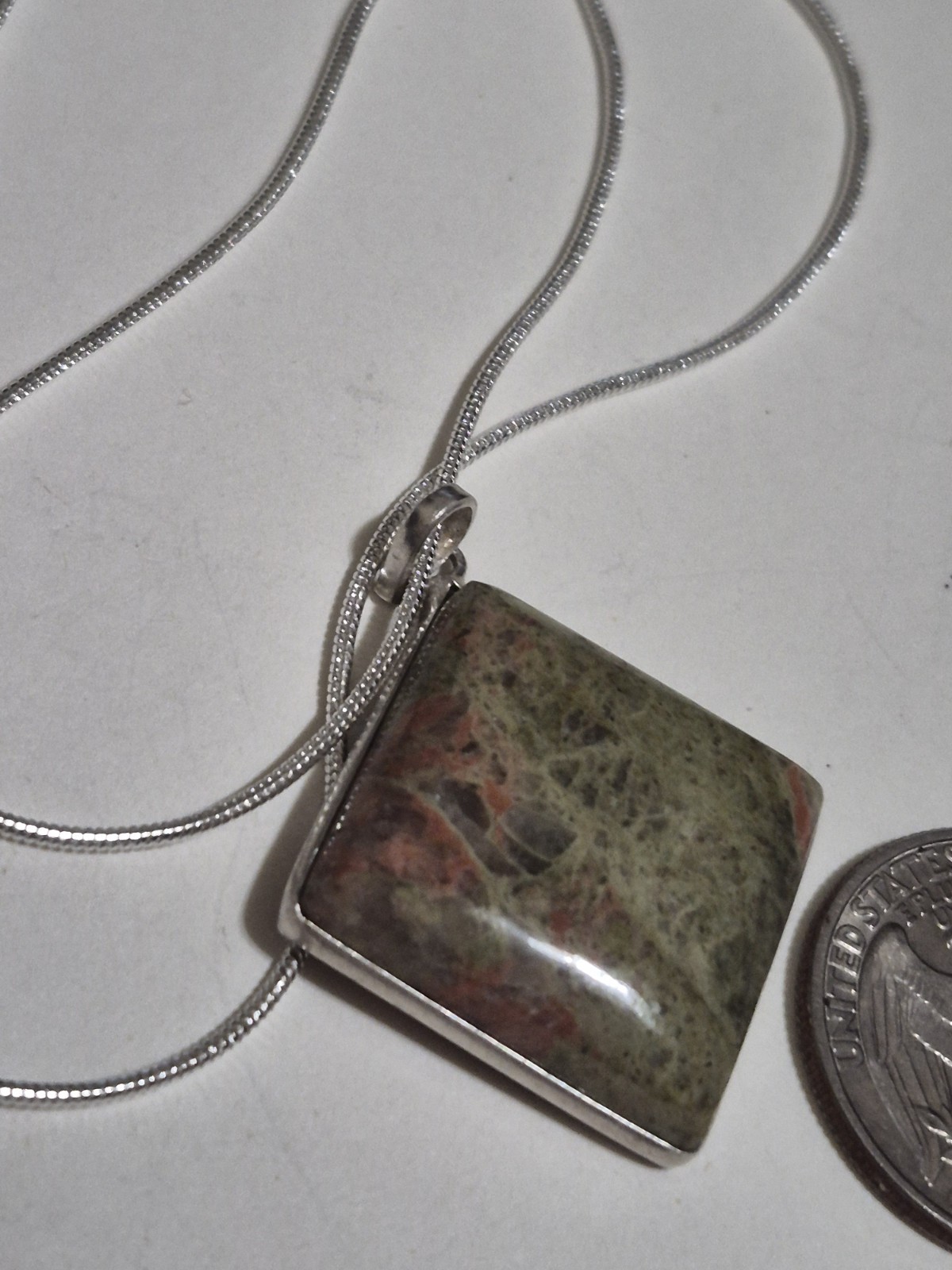 925 Sterling Silver Unakite Jasper Square Pendant Necklace 13.7g