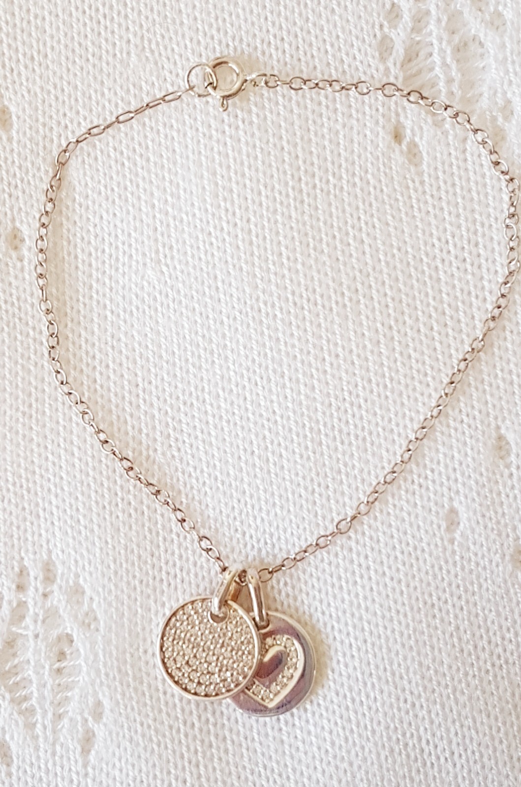 Bracelet ~ Chain with Heart & Circle Charm ~ Hallmarked 925 Silver ~ 18.5cm Long