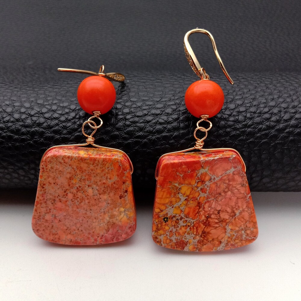 Orange Color Sea Sediment Jasper Trapezoid Shape Drop Earrings Gold Plated Hook