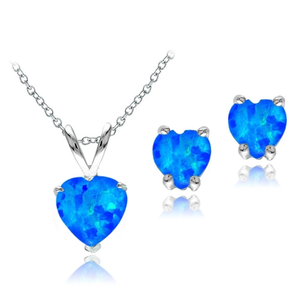 925 Silver Created Blue Opal Heart Solitaire Pendant Stud Earrings Set