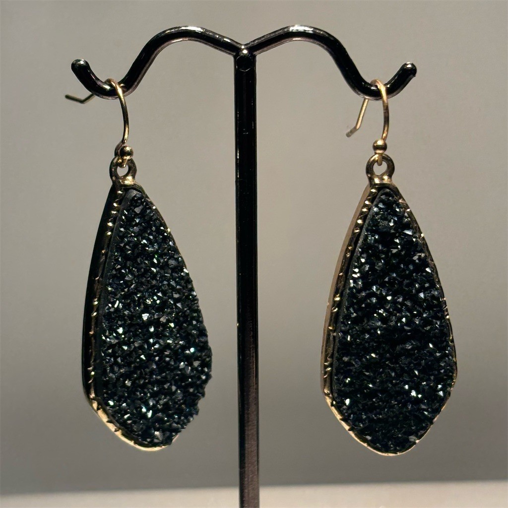 Teardrop Druzy Dangle Drop Earrings Black Gold Tone Hook 2in