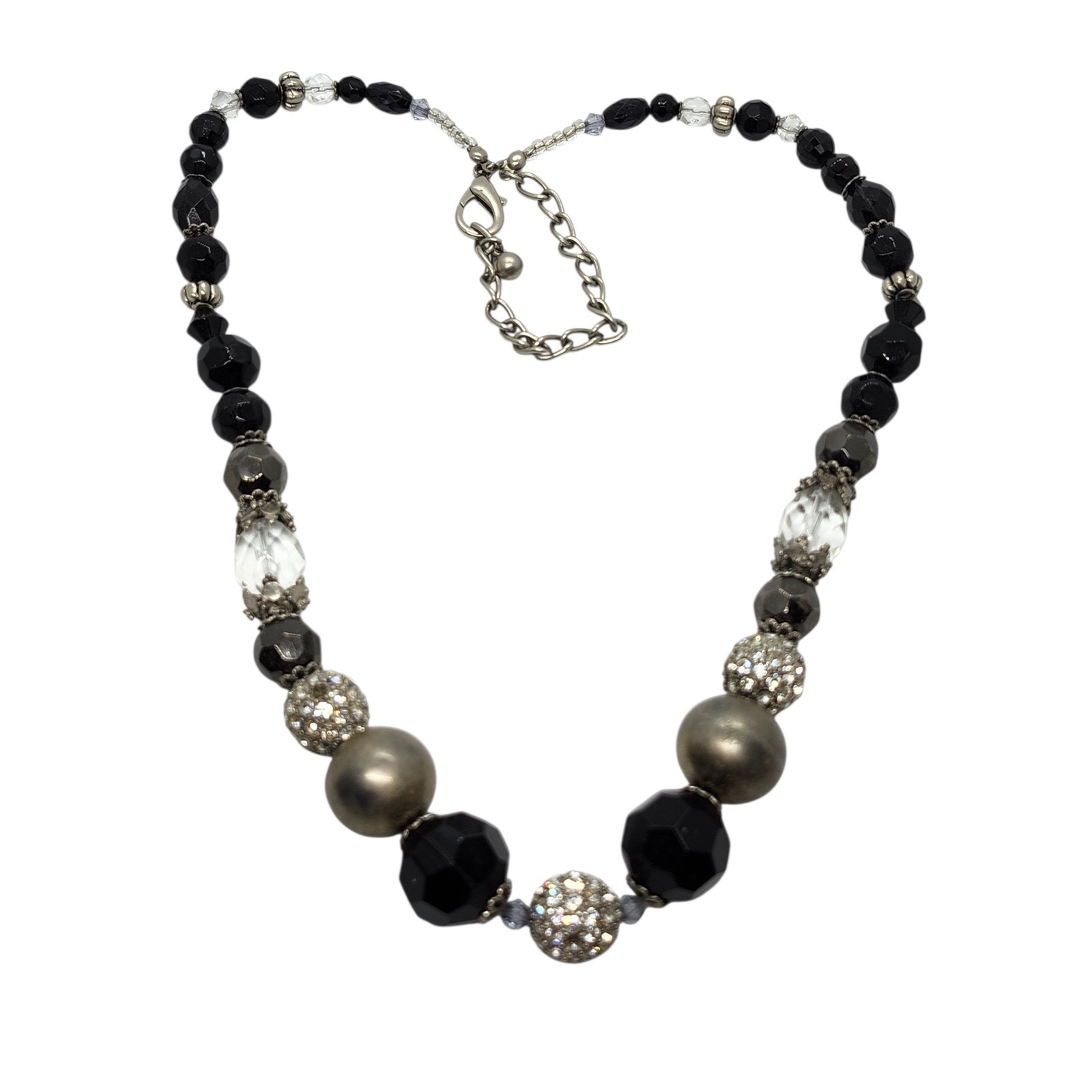 Chunky Necklace Black & Gray Beads Rhinestone Balls Silver Toned 20″- 24″ Adjust