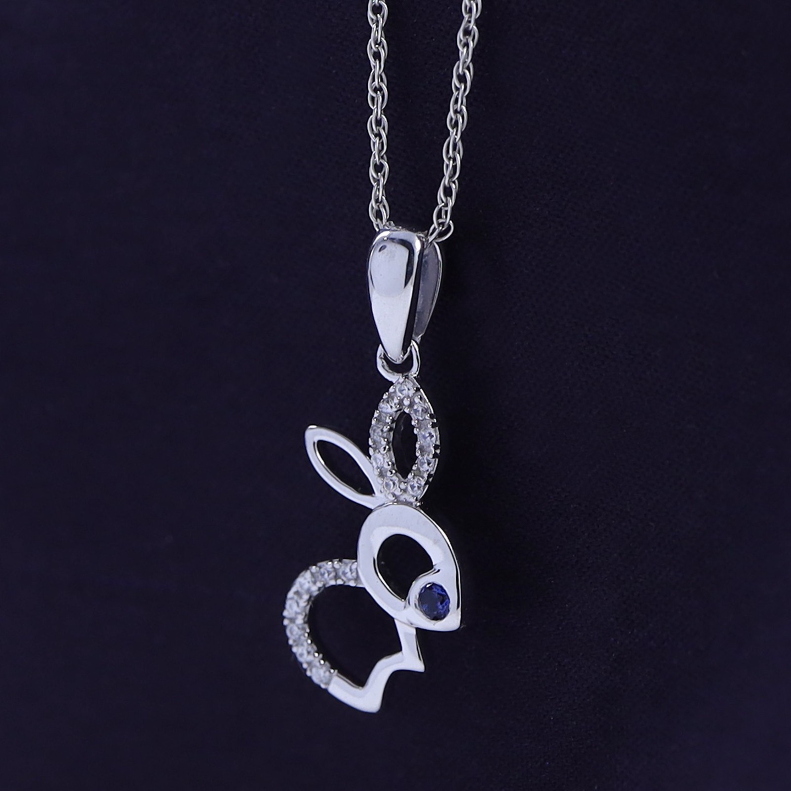 Cute Bunny Rabbit Pendant Necklace Simulated Blue Sapphire 14K White Gold Plated