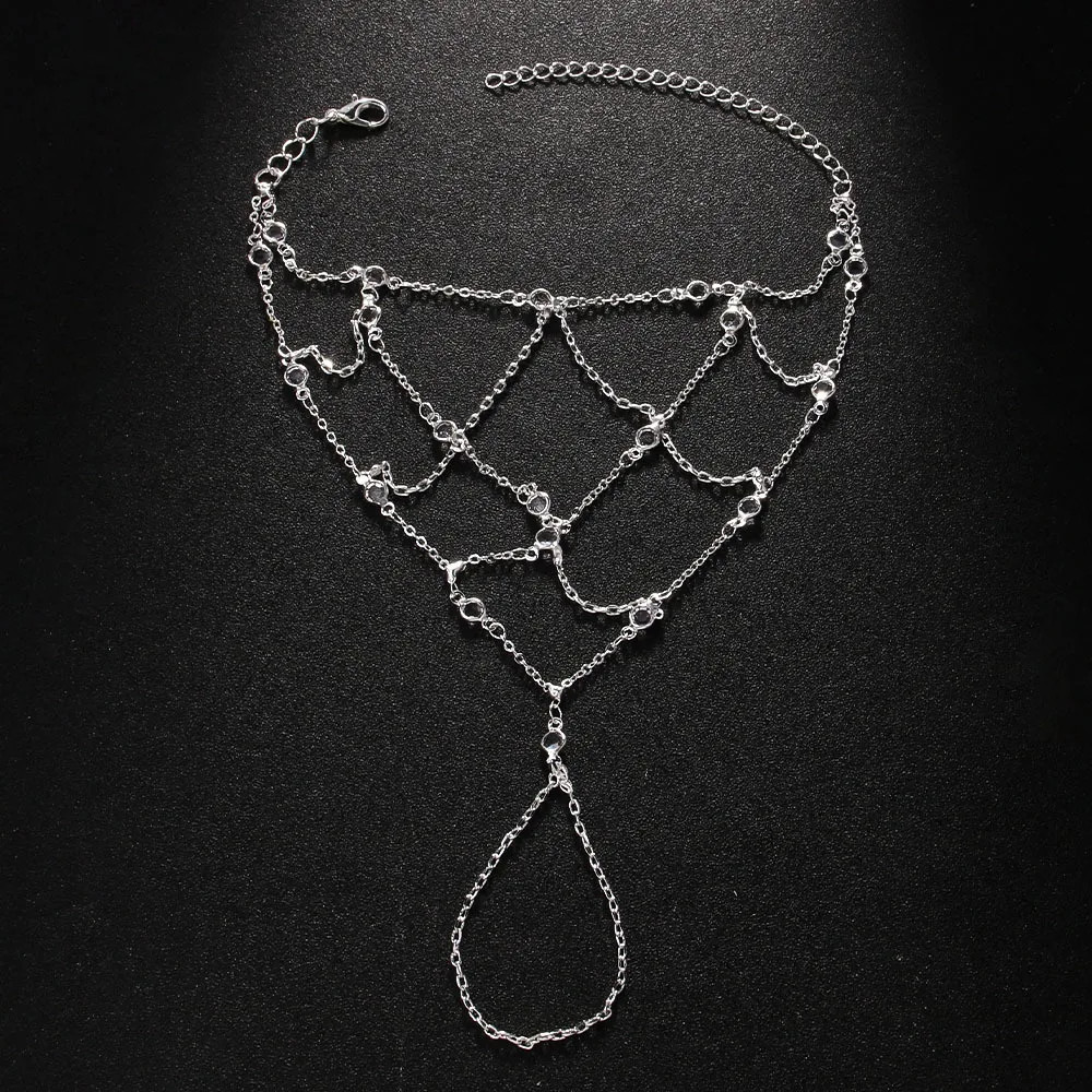 Stainless Steel Hand Chain Bracelet Women Zircon Beaded Link Ring Jewelry