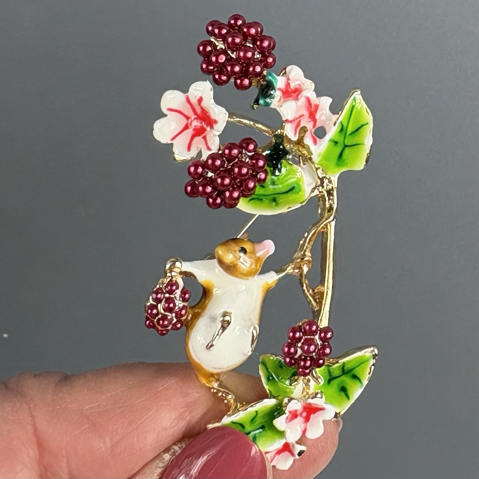 Adorable Mouse Climbing Branch Flowers Enamel Brooch Pin