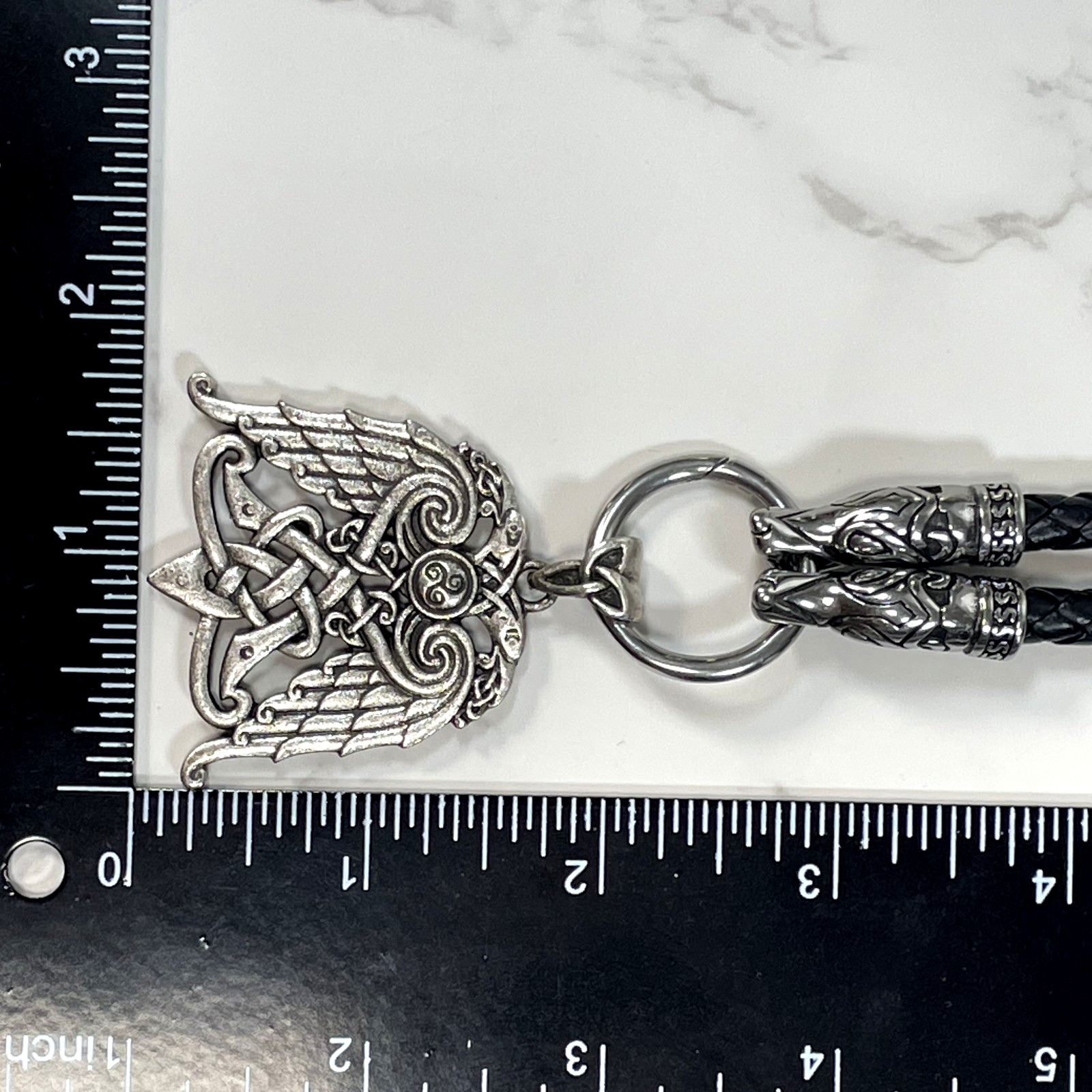 Norse Viking Raven Wing Shield Pendant Celtic Knot Black Braided Cord Necklace