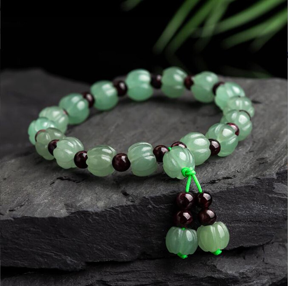 Natural Green Jade Pumpkin Beads Red Garnet Round Gems Beads Stretch Bracelet