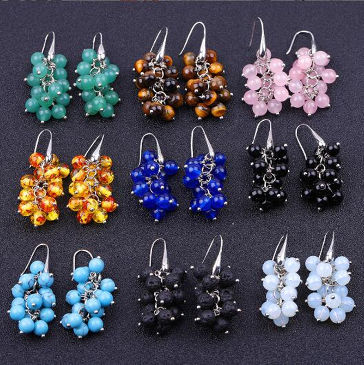 AA 6mm Round Natural Multiple Gemstone Cluster Grape Dangle Silver Hook Earrings