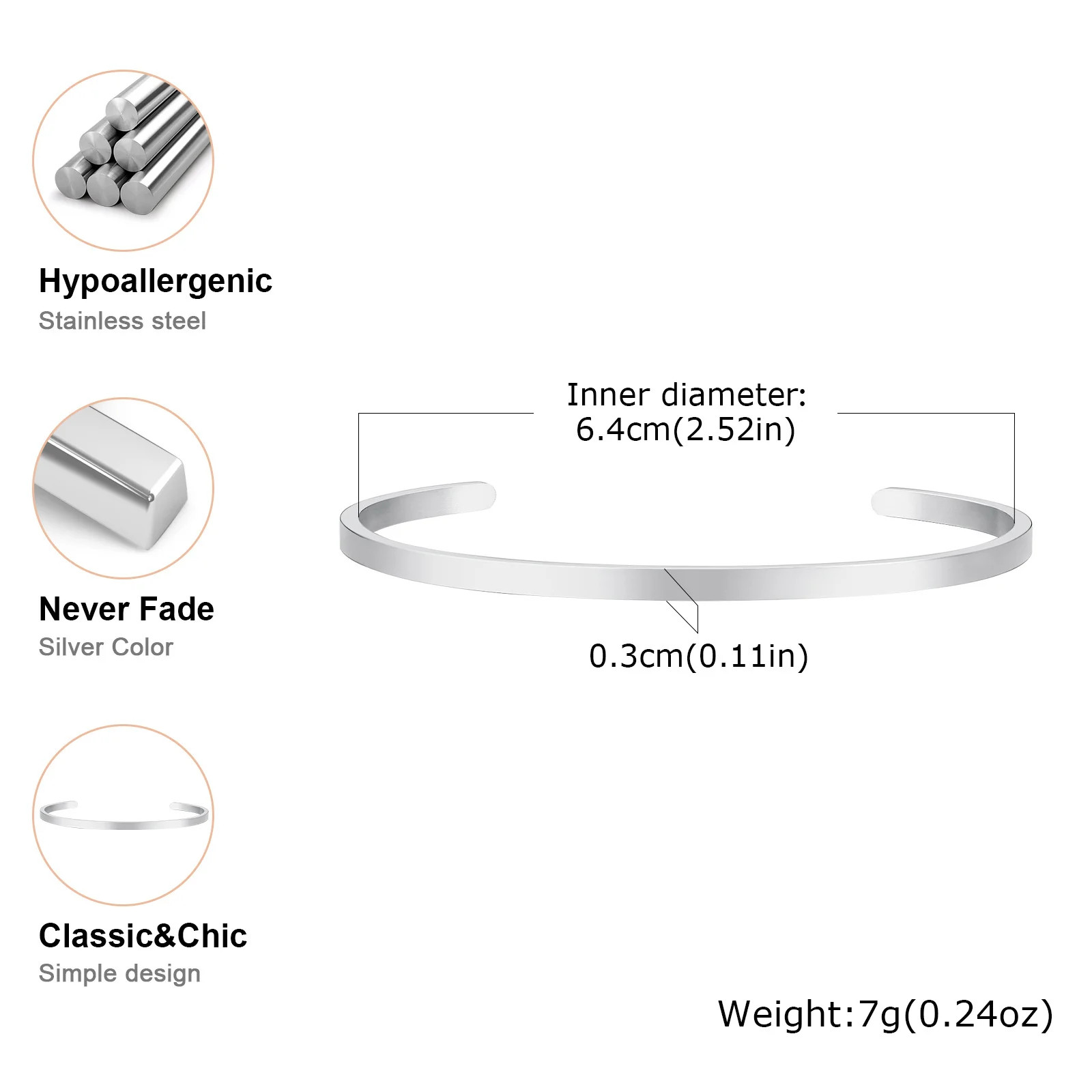 3–10mm Stainless Steel Open Cuff Bangles Unisex Glossy Bracelets Set