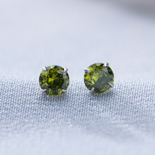 999 Sterling Silver Sparkling Olive Green Round Solitaire CZ Mini Stud Earrings