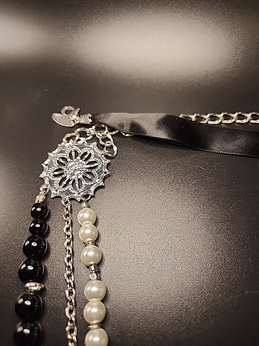 NY 41″ Adjustable Layered Necklace Faux Pearls, Silvertoned Chain, Black Acrylic