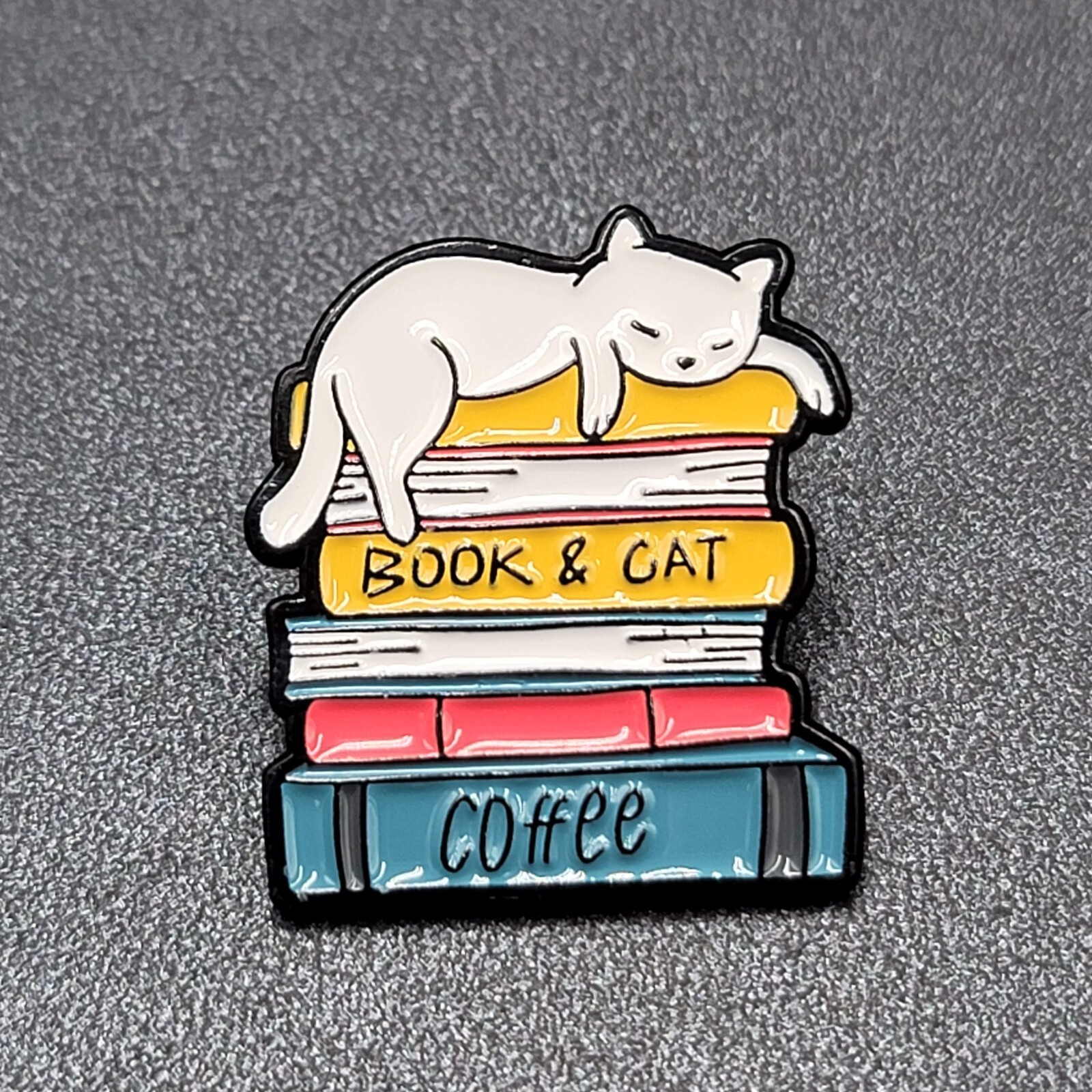 White Cat Enamel Lapel Hat Pin Book and Cat Coffee Multicolor 1.25″