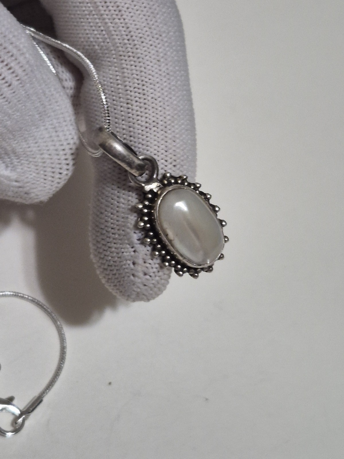925 Sterling Silver White Moonstone Oval Bezel Charm Pendant Snake Chain Signed