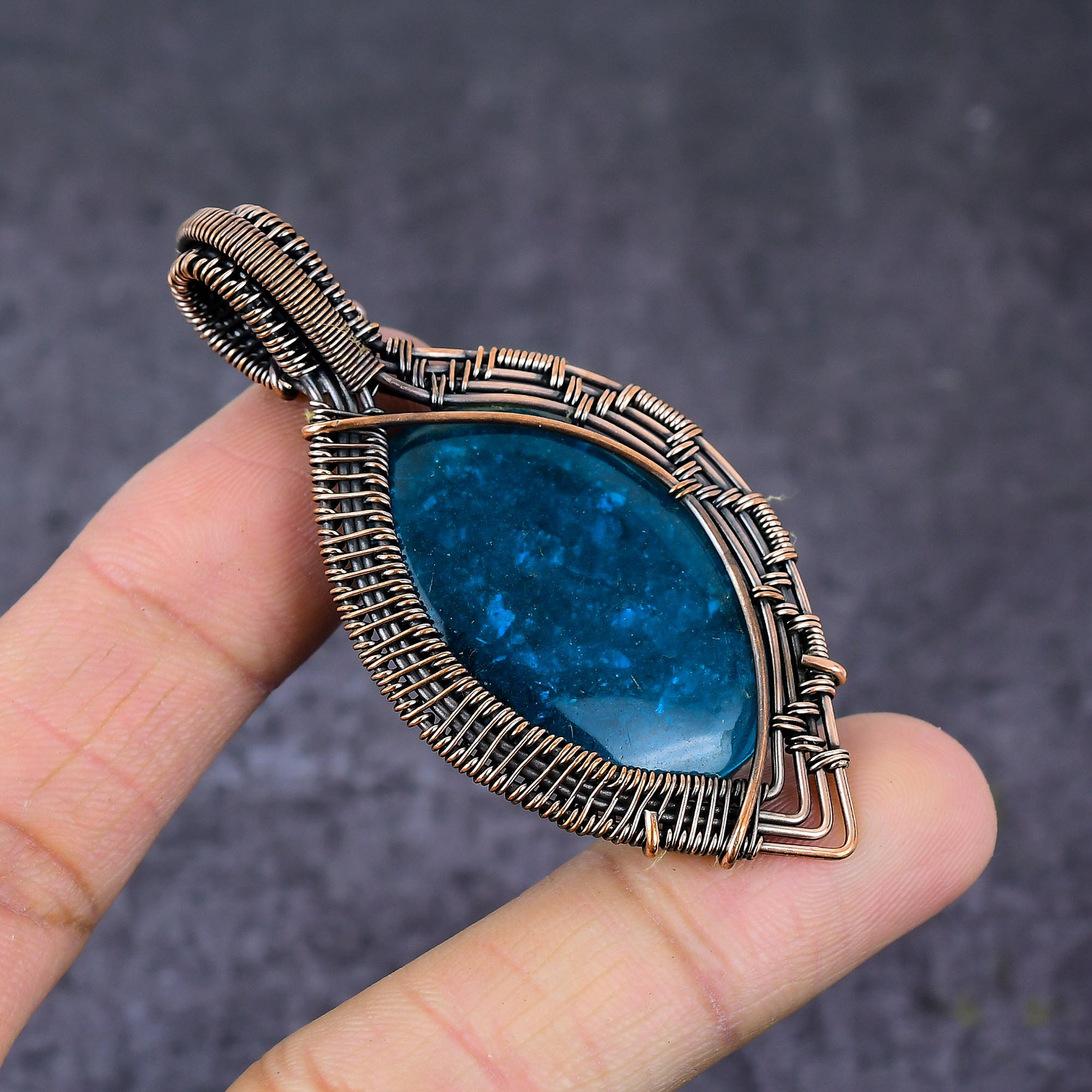 Blue Amber Gemstone Handmade Copper Wire Wrap Gift Jewelry Pendant 2.76″ Z630