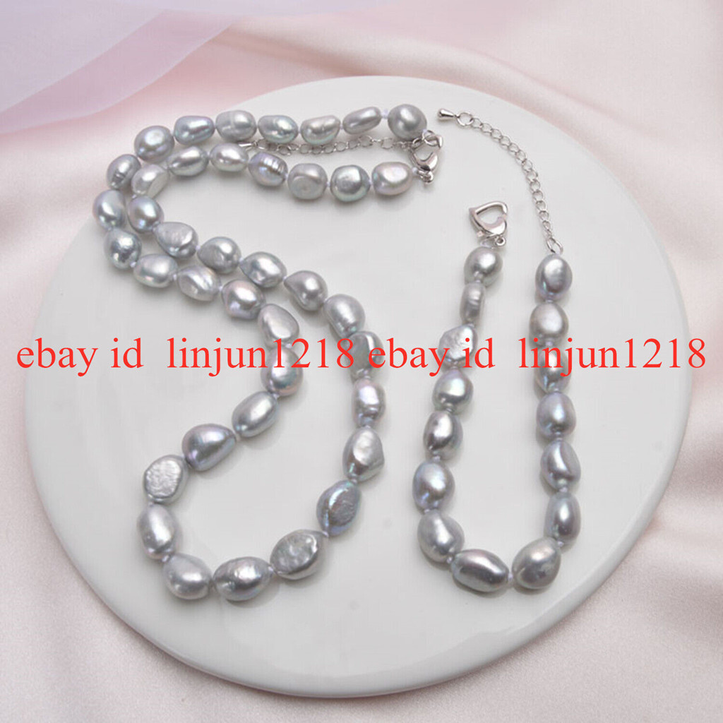 Natural 7-8/8-9mm Gray Baroque Freshwater Pearl Necklace Bracelet Set 18/7.5 in
