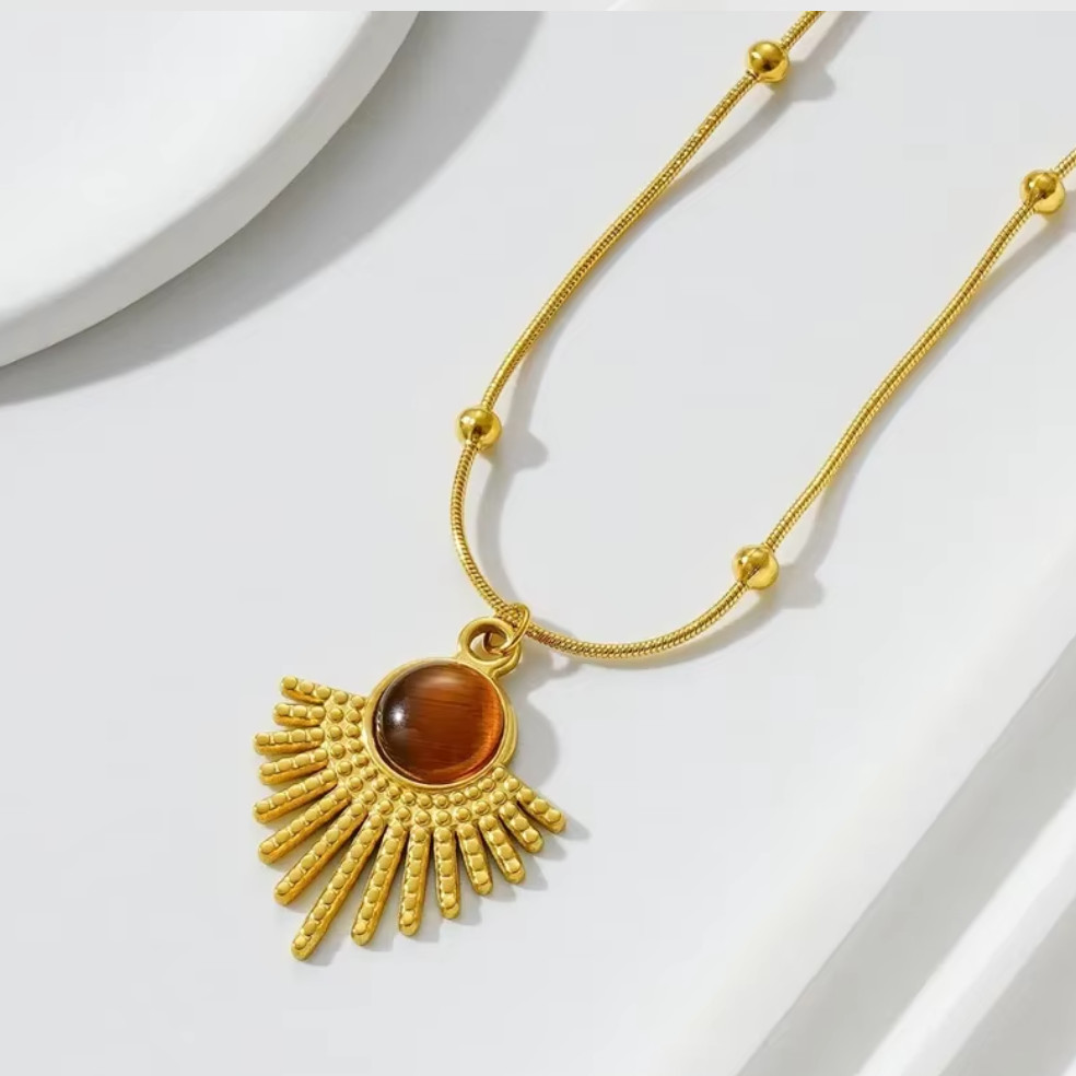 18K Gold Tiger’s Eye Sunburst Pendant Necklace 18″