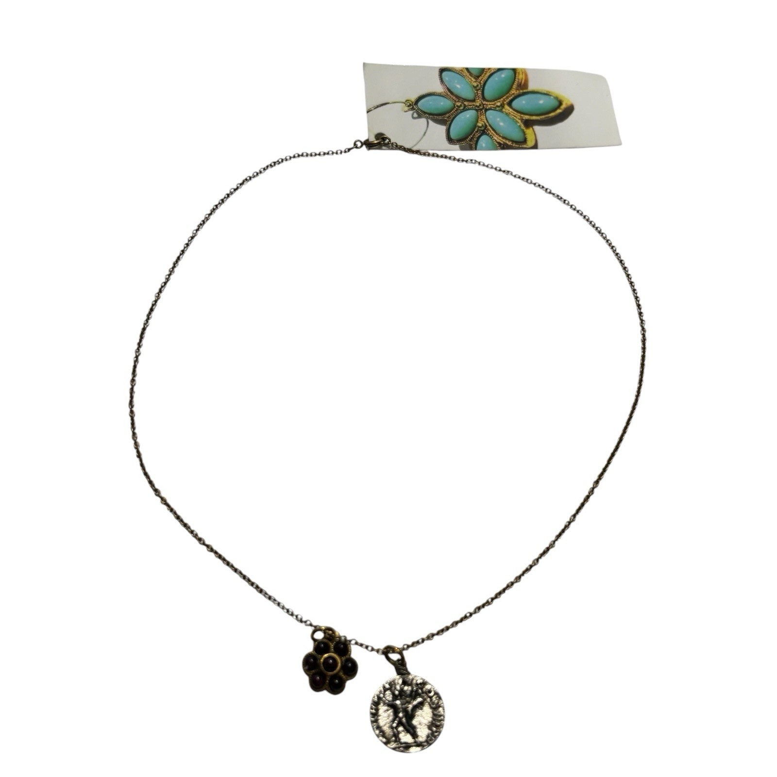 NWT NEW Linda Levinson Garnet Color Flower Stone Gold Tone Chain Coin Necklace