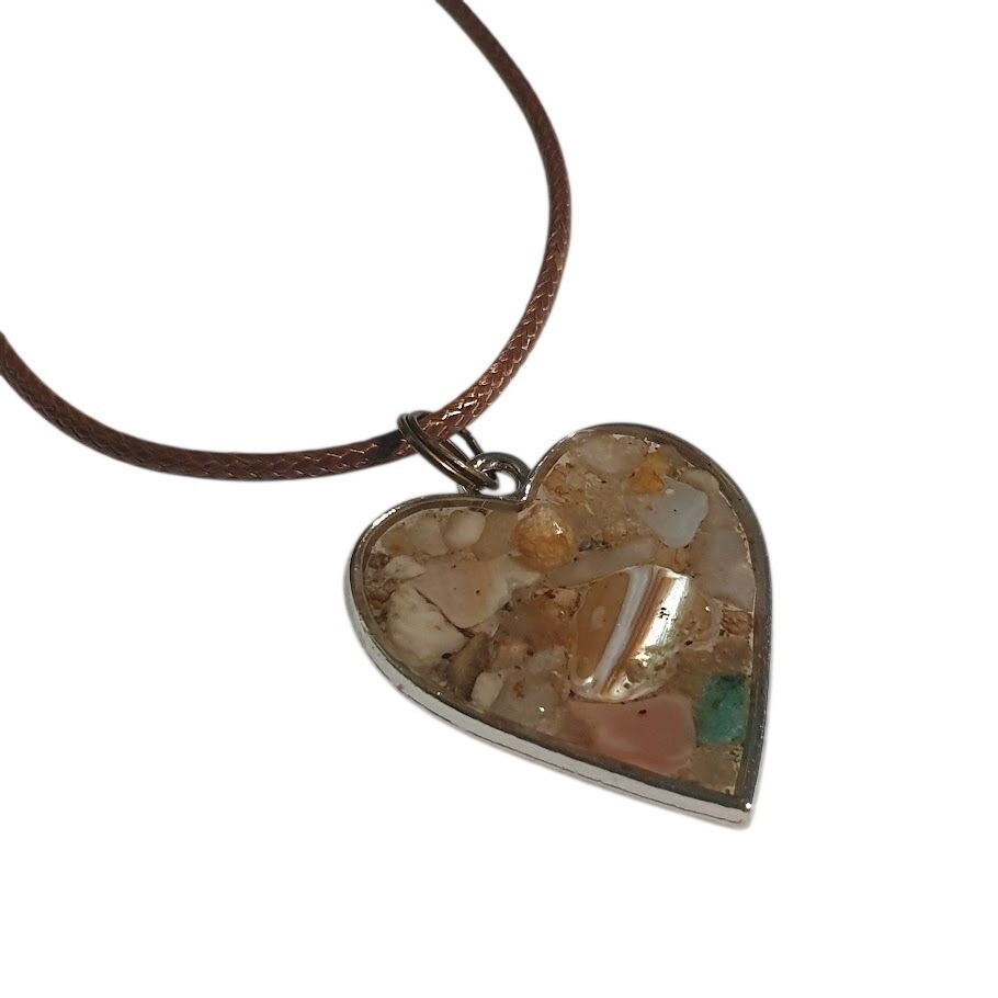 Heart Shaped Resin Pendant Necklace Brown Adjustable Beach Sand Mother Of Pearl