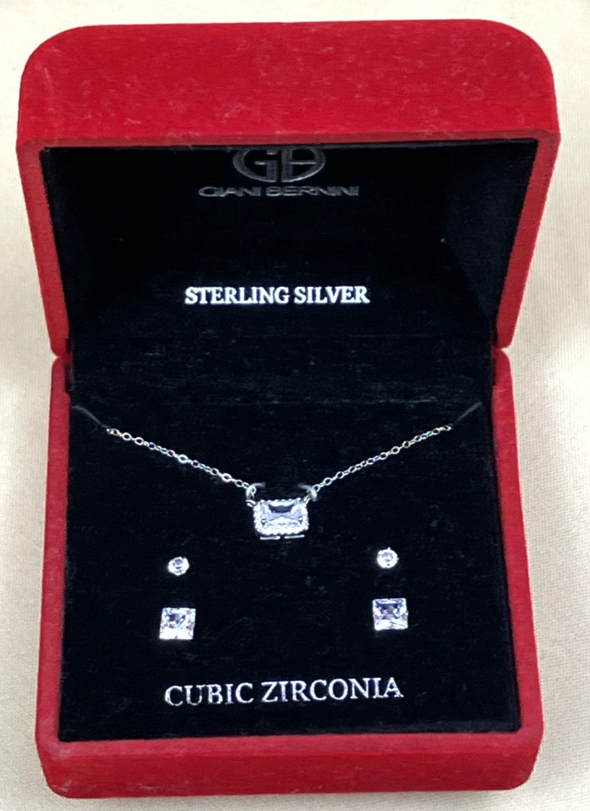 Giani Bernini CZ Emerald Halo Necklace & Stud Earrings Set 925 Silver NIB $50