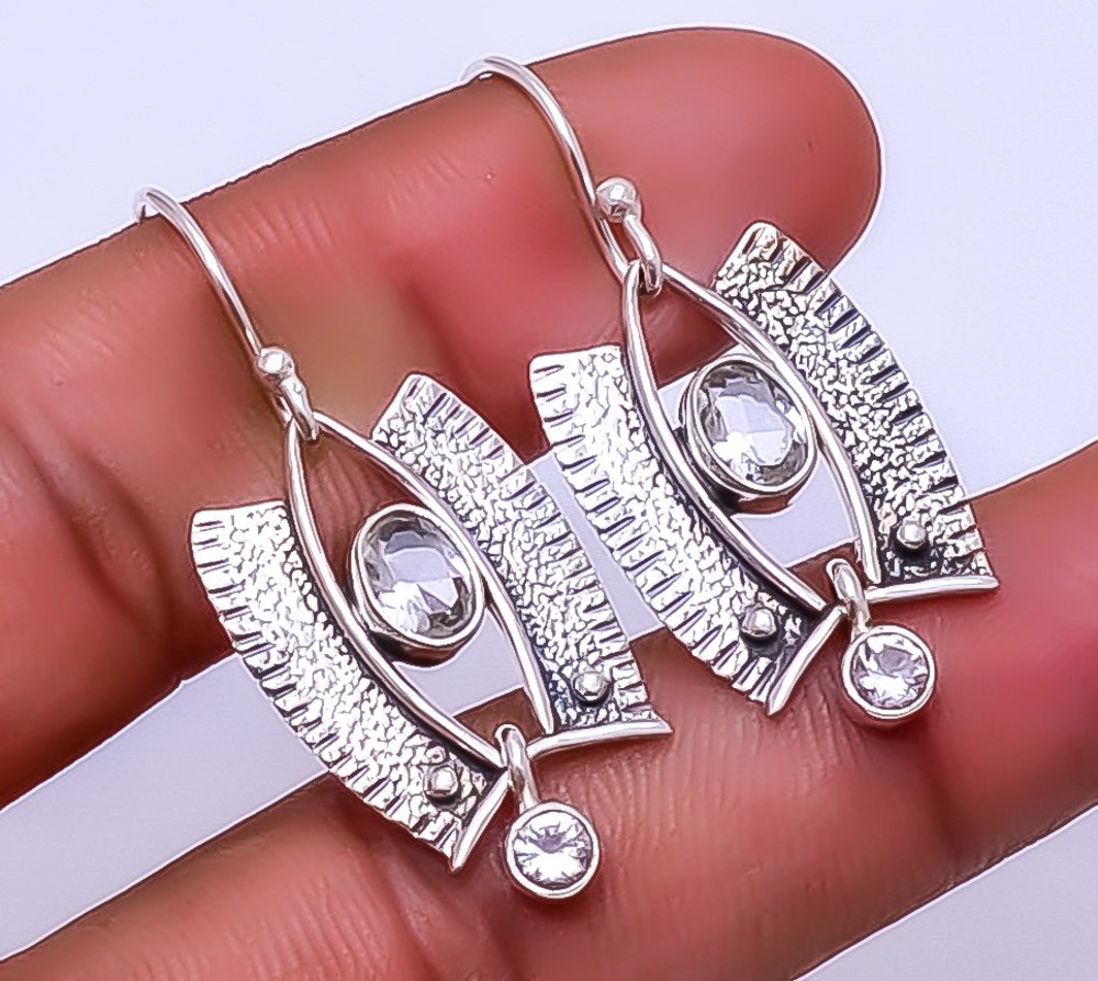 White Topaz Handmade 925 Sterling Silver Earring 1.56″ E32410341, Christmas Gift
