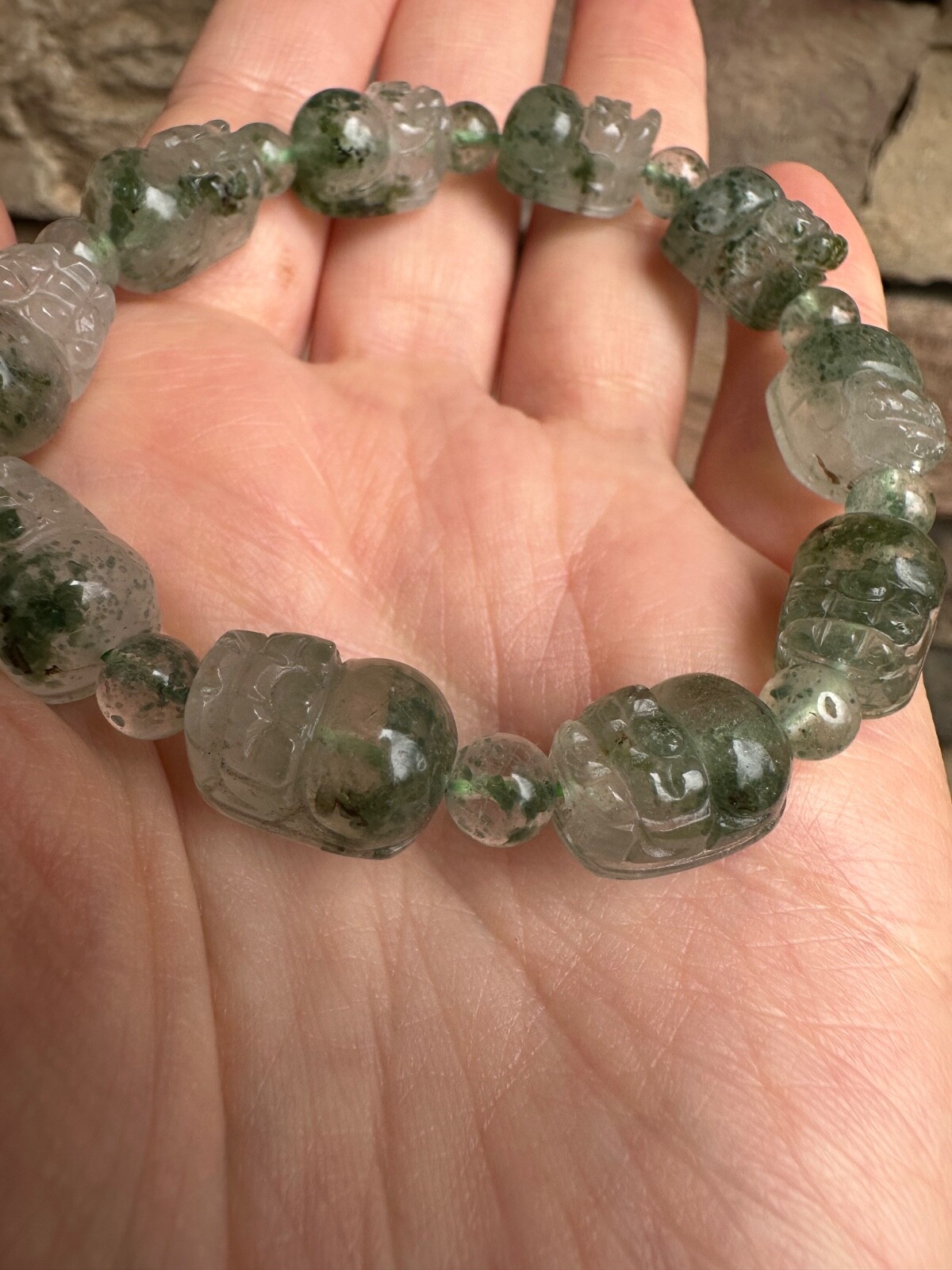 Moss Agate Bracelet Carved Pixiu Artisan Handcrafted
