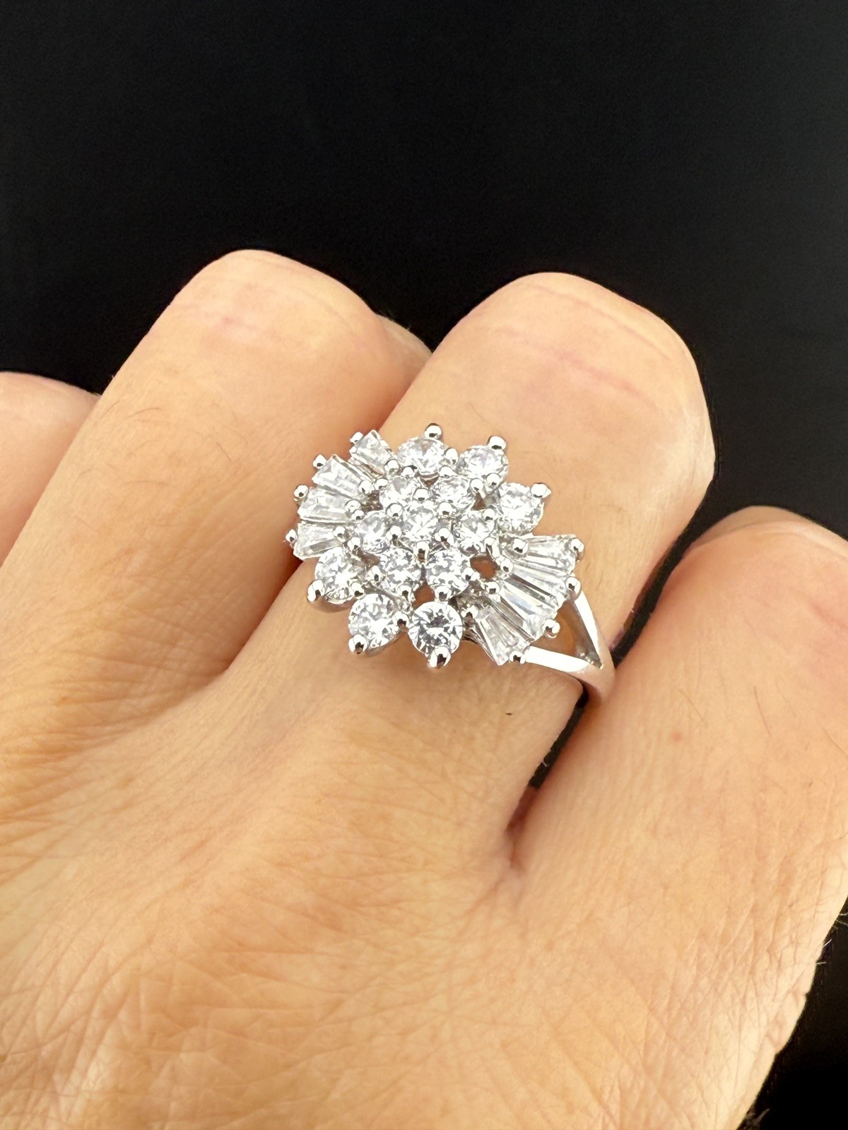 Signed Sterling Silver CZ Cluster Ring Rhodium Finish Size 9 Cocktail Statement