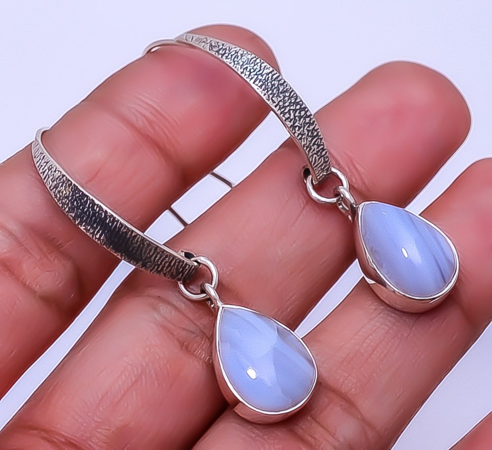 Blue Lace Agate – Namibia Designer Handmade 925 Sterling Silver Earring 1.76″ E2