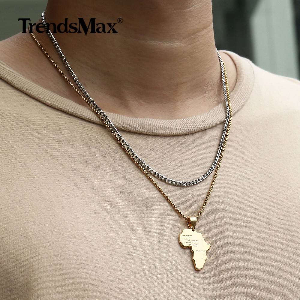 2Pcs Stainless Steel Curb Chains Gold Plated Africa Map Pendant Necklaces 20+22″