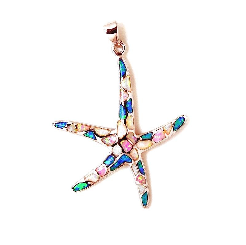 36MM RHODIUM 925 SILVER MIXED-COLOR OPALS HAWAIIAN PE’A STARFISH LARGE PENDANT