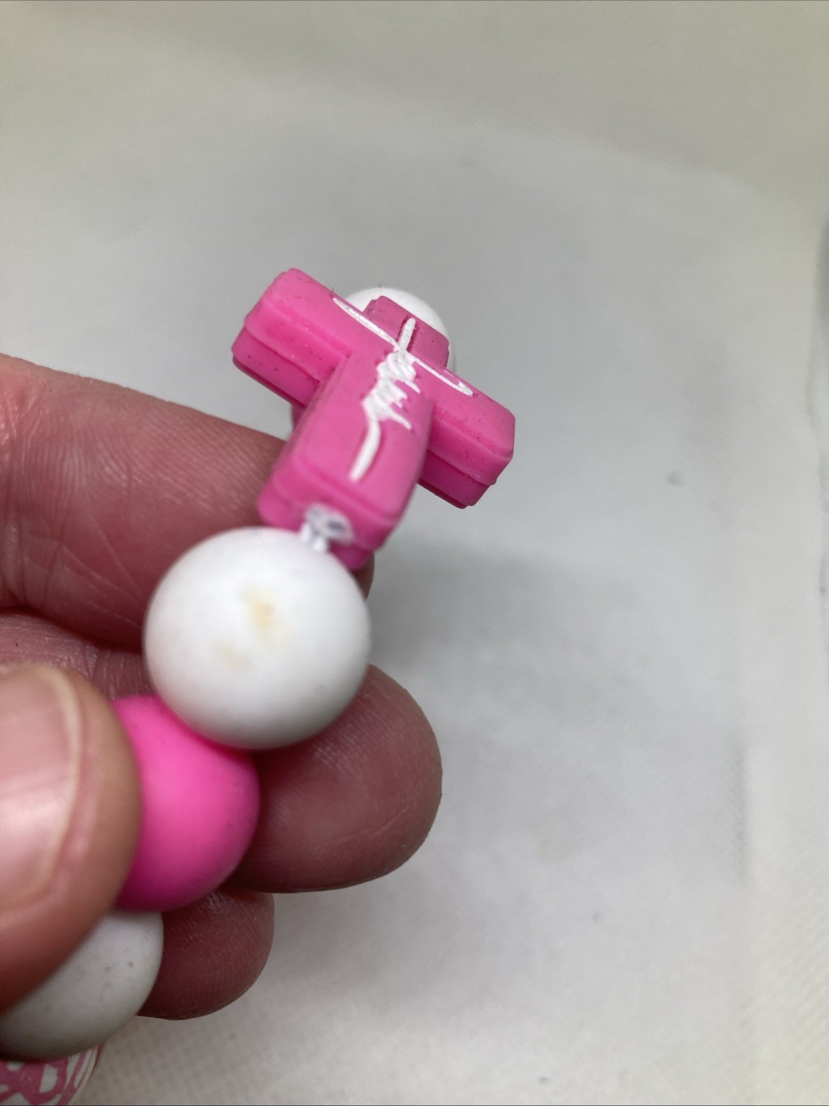 Lot Of 2 Large Beaded White Pink Baby & Adult Christian Bracelets