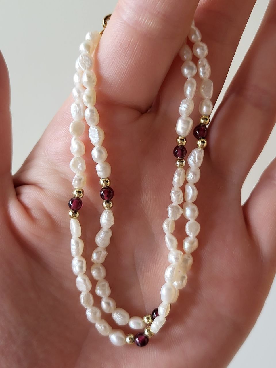 Pearl and Garnet Bead Double Strand Bracelet 8 in