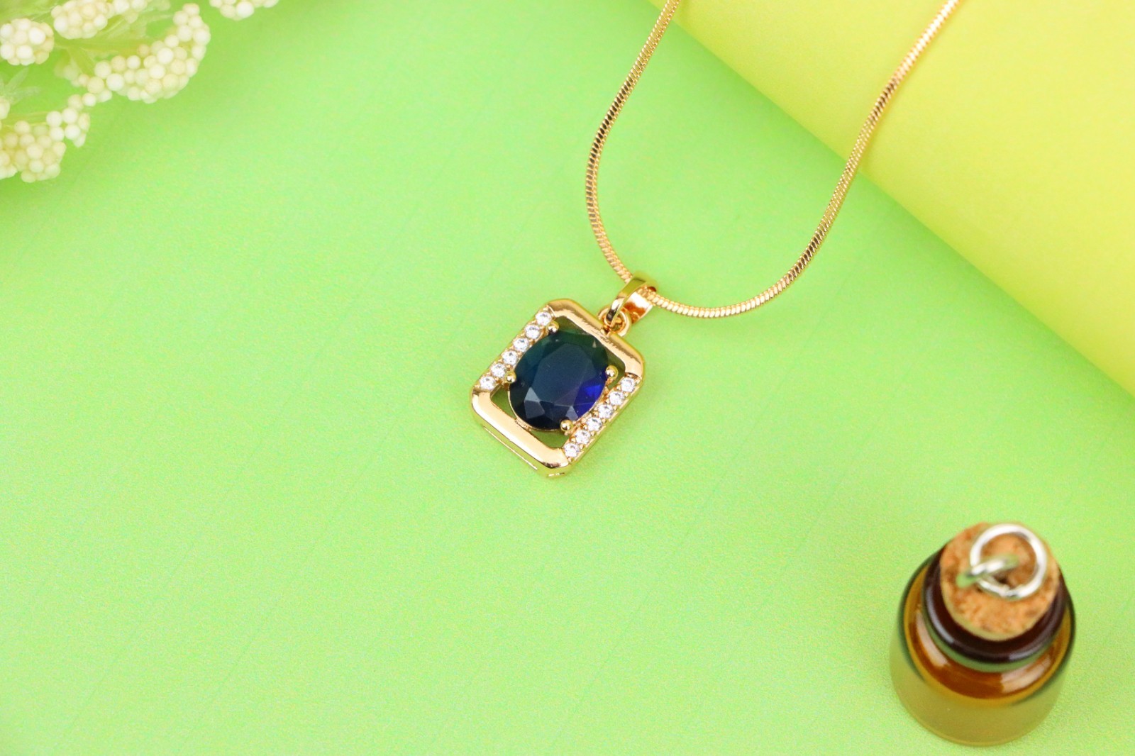 Rose Gold Rectangle Pendant with Blue Stone and Crystal Accents, XPPT1276