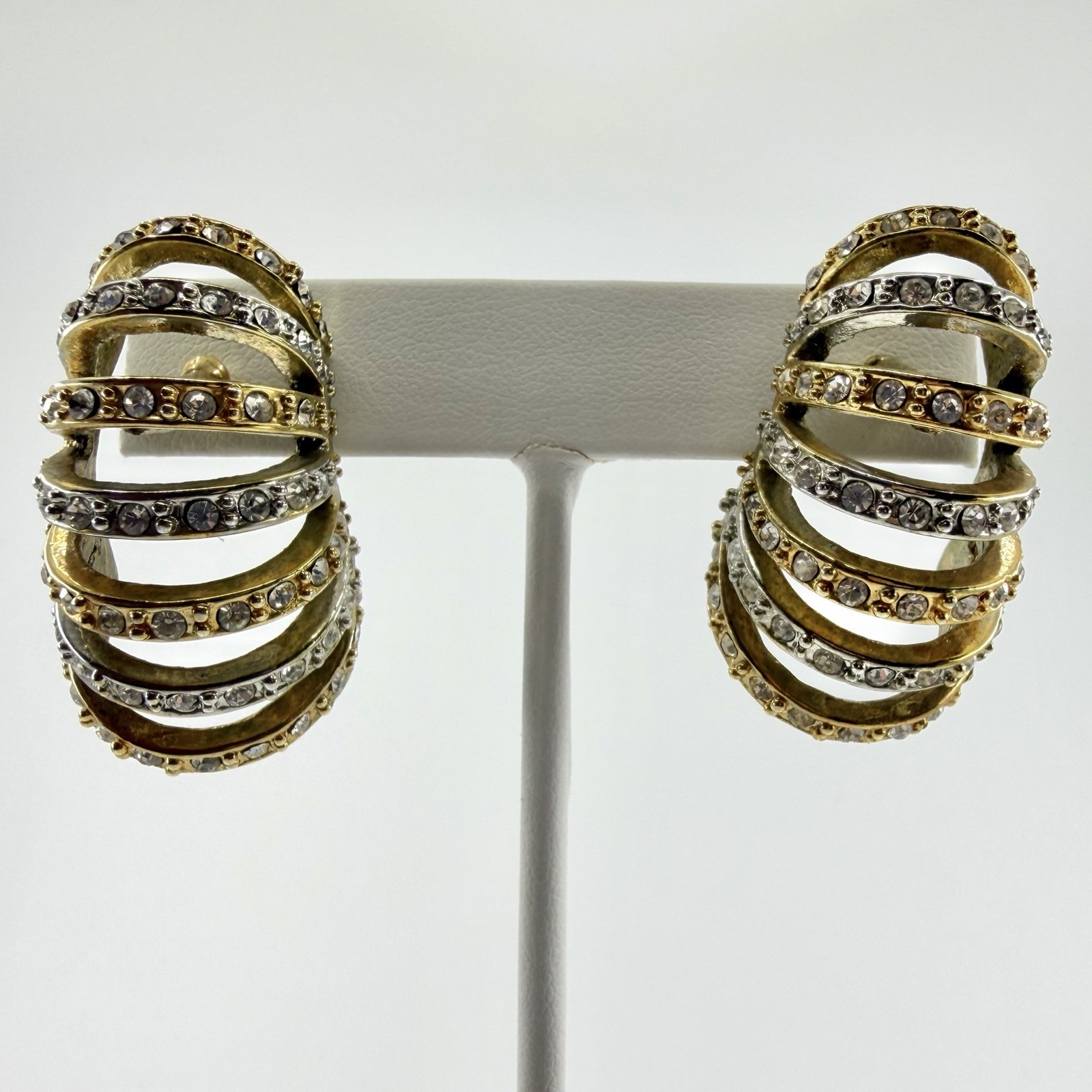 Ribbed Metal Rhinestones Hoop Earrings Gold Tone Pave Bands